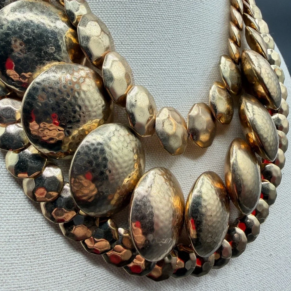 Gold Tone Hammered Disc Multi Strand Statement Bib Necklace Bold Chunky Layered